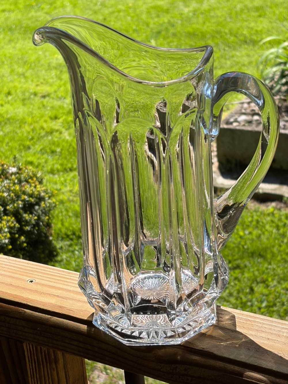 Vintage Clear Glass Pitcher Paneled Starburst Base Scalloped Rim Farmhouse Vase - Picture 9 of 10